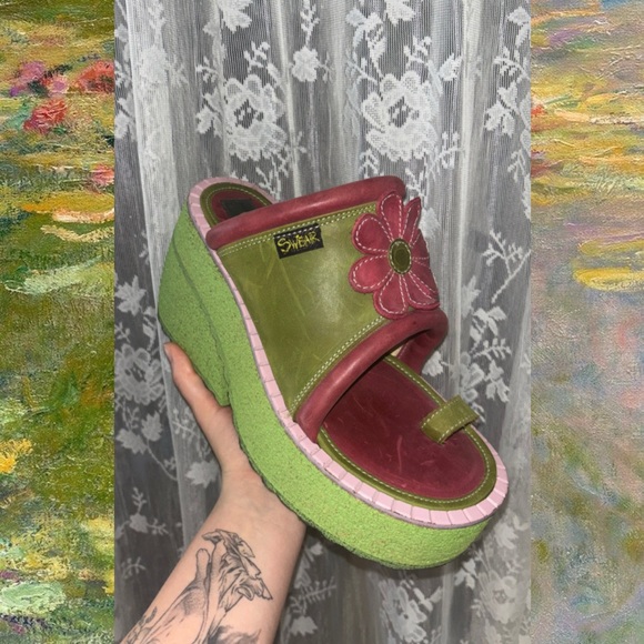 Green & Pink Platform Slide Sandal with Flower Accent - Women main image 0